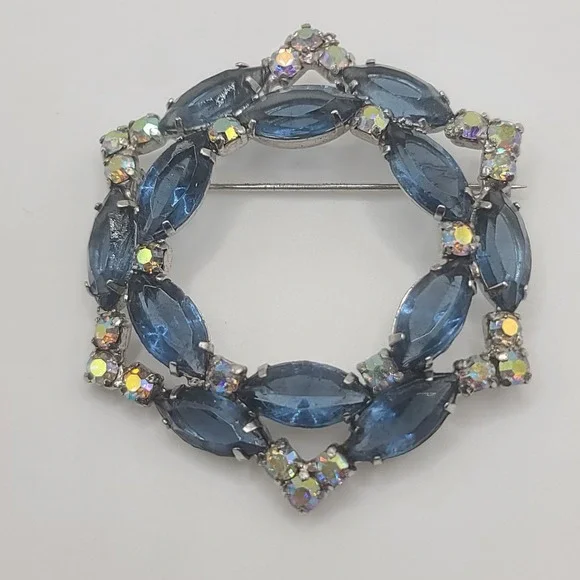Vintage‎ Rhinestone Brooch Blue AB Open Back